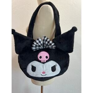 Sanrio Kuromi Plush Tote Bag w/ Sparkle Eyes & Gingham Bow – Fuzzy Purse